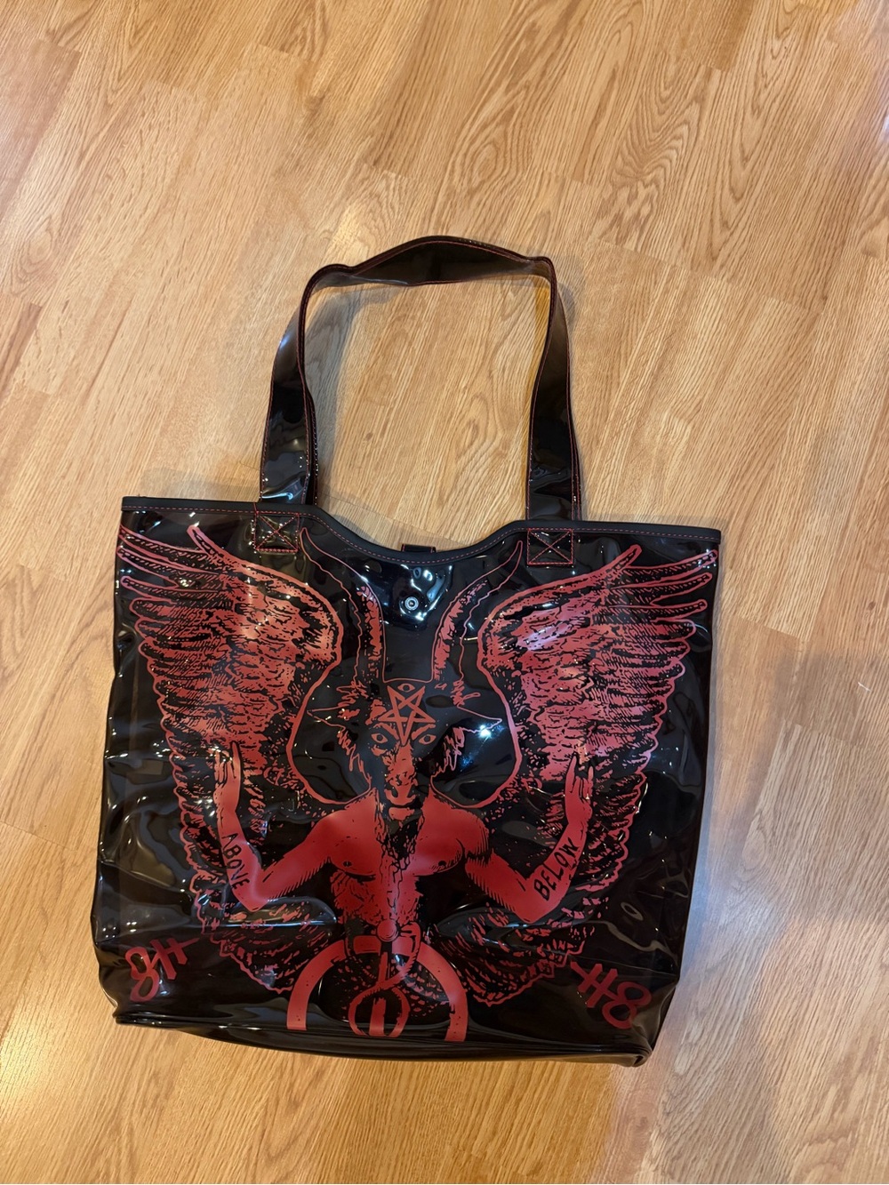 Black Vegan Patent Tote Bag with Red Graphic Wings